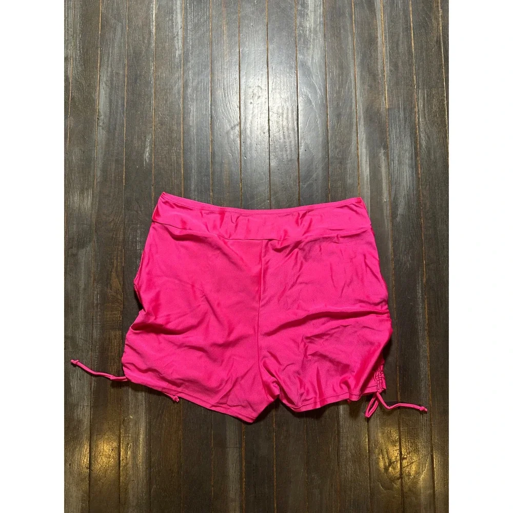 Womens Hot Pink High Waisted Ruched Side Tie Swim Shorts Pockets